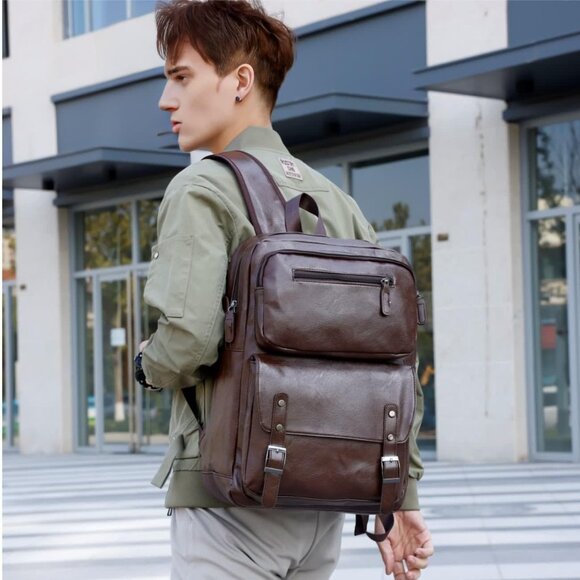 PU Casual Backpack，Men's casual Leather laptop backpack，Daily commuter leather b - Picture 2 of 9